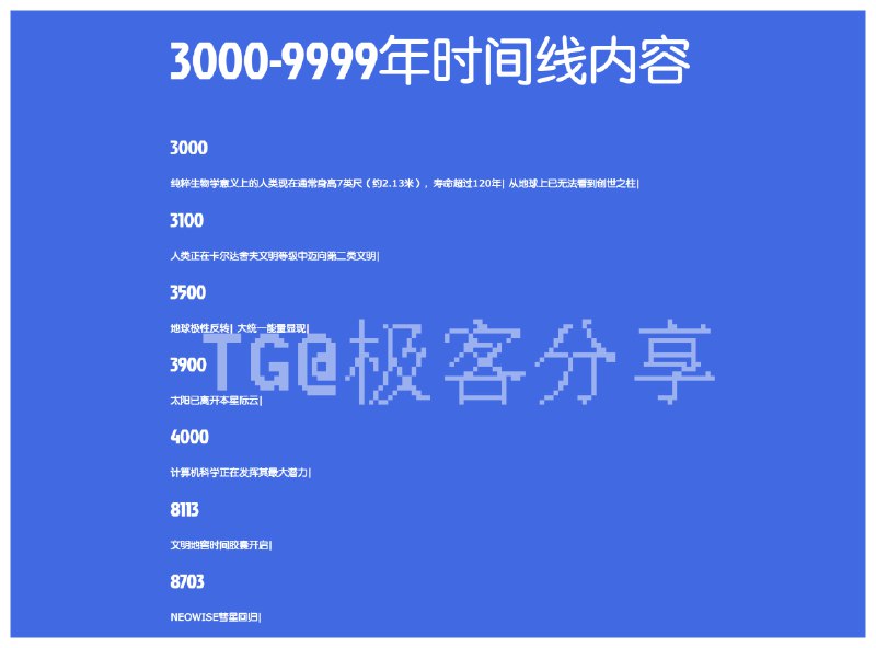 #趣站⏱ 未来时间线 - 一个专注预测未来的时间线网站该网站以探索人类、科技和未来社会发展为主线，帮助用户想象从近未来到遥远未来的各种可能性，涵盖主题如技术进步、奇点、气候变化、太空殖民和宇宙命运等
