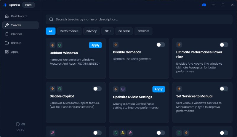 #游戏 #工具 #Windows✨ Sparkle - 一款旨在提升游戏性能的 Windows 优化工具⬇️ 下载页面工具提供 18 个优化 Windows 选项，支持清理垃圾文件、备份设置、安装和卸载常用软件等功能☀️ 看不懂英文就用手机拍照翻译➡️ 已收录至「游戏工具」📮投稿    📢频道    💬群聊    🔎索引