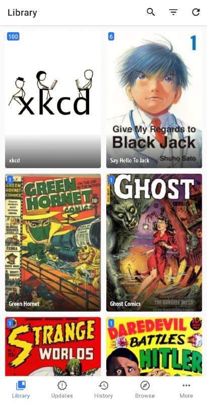 Tachiyomi - 免费开源漫画阅读器，内置全球各个国家各种语言各种类型的1104个在线漫画源，包含NSFW等等限制级别的内容支持离线阅读，免费且无广告，支持追踪MyAnimeList、AniList、Kitsu、MangaUpdates、Shikimori和Bangumi等等漫画源#安卓 #漫画 #阅读频道： @geekshare