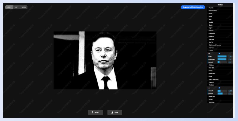 #图像处理 #工具Photomosh - 一款在线图片特效生成工具📄上传图片，点击「Mosh」可以获得随机特效也可以在右侧工具栏自定义特效，多点几下可以做出很棒的特效还支持导出动图📢关注频道：@geekshare 💬加入群聊：@igeekshare📮欢迎投稿：@Geekshare_bot