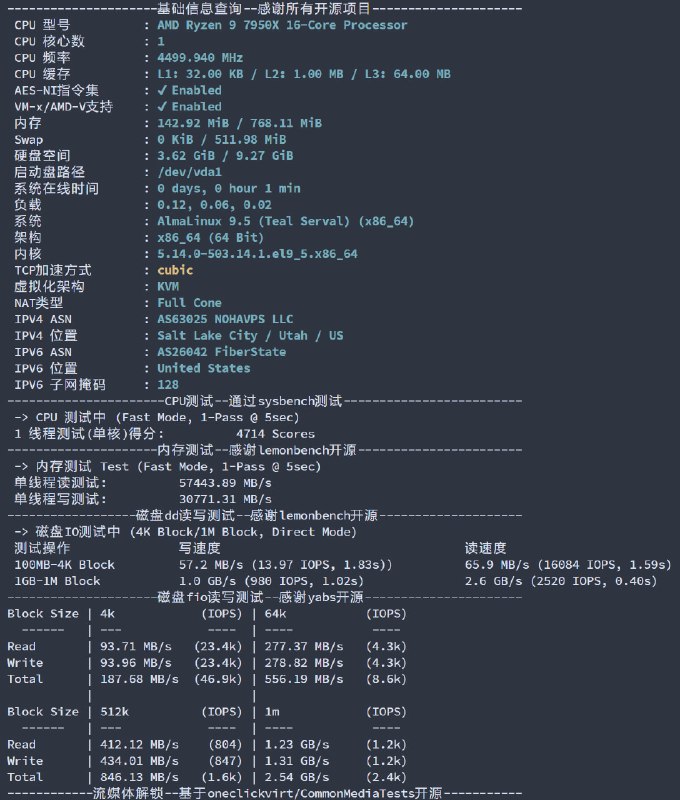 noha VPS 黑五活动提供美国、伦敦、法兰克福，其中美国和伦敦的U是AMD RYZEN 7950X /3D (1 GBPs)，德国是 AMD EPYC 7742 64-Core (10 GBPs)，单核性能比较强悍我买了11.99的美国，图中就是部分测试结果，完整结果请看这里