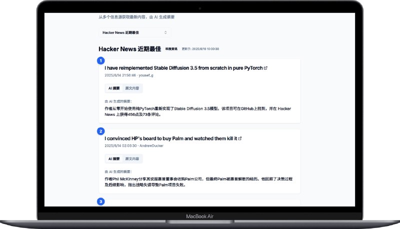 #AI #RSS #阅读😋 FeedMe - 用 AI 重新定义你的 RSS 阅读体验🌐 在线体验FeedMe 提供一站式 RSS 获取到阅读，支持从多个信息源获取并整合 RSS 内容、生成 AI 摘要、定时更新等支持部署至静态资源托管服务📮投稿    📢频道    💬群聊    🔎索引