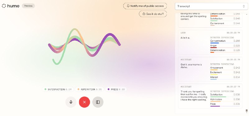 #AI #聊天助手⭐ Hume 发布的 AI 聊天机器人「EVI」体验： demo.hume.aiEVI 被誉为第一个具有情商的聊天 AI 机器人，它能感知你说话时的细微情绪，并作出相应的反应如果你突然打断它，它还会像真人一样停下来听你说然后再继续对话电脑没有麦克风的话，请用手机浏览器打开使用✨EVI 全称是 EMPATHIC VOICE INTERFACE 译作「共情语音界面」😉实际体验下来非常不错，这下请外教的钱都省了📑相关阅读🤖AI 聊天助手「Pi」迎来史诗级增强，全面提升智商、情商📮投稿    📢频道    💬群聊    🔎索引