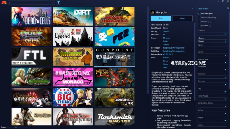 #游戏 #工具🕹Playnite - 一款开源的游戏管理器开源地址 | 文档地址📄Playnite 支持市面上绝大多数游戏平台以及游戏机平台的游戏管理，可谓是一把梭哈到了极致首次进入软件选择要同步哪些平台的游戏，同步完成之后可以直观地看到各个游戏封面，还支持自定义游戏信息Playnite 也支持中文，同时还可以修改主题、使用插件、统计本地游戏运行时间等，体验非常好，但是能否导入破解游戏我倒没测试过➡️已收录至「游戏工具」📮投稿    📢频道    💬群聊