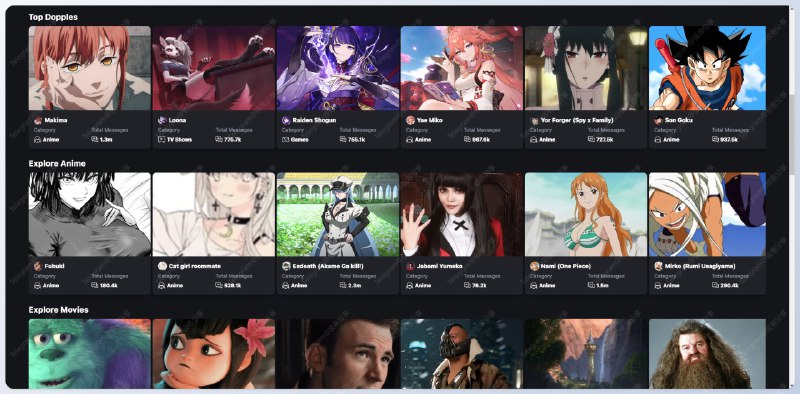 #AI #AI聊天💬 Dopple AI - 与 AI 角色沉浸式聊天📄进入首页，可以看到许多常见的影视角色如《海贼王》中的娜美、《哈利·波特》的海格、《守望先锋》的D.Va，以及各种「男女朋友」等等你可以跟这些虚拟的角色进行对话，支持中文，部分支持 NSFW 话题还可以自己创建角色供他人使用📑相关阅读▫️Crushon.AI - 一个支持与 NSWF AI 角色聊天的平台▫️Character.AI - 一个极具个性的 AI 聊天机器人平台📮投稿    📢频道    💬群聊    🔎索引