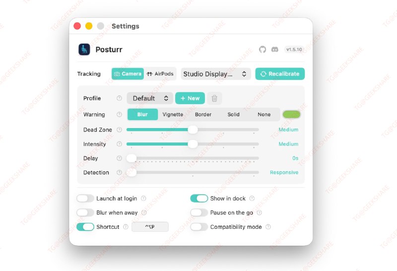 #macOS✅ 一个当你弯腰时使你的屏幕变模糊的 macOS 应用程序⬇️ 下载页面Posturr 通过你的 Mac 摄像头或 AirPods 运动传感器实时监测你的坐姿