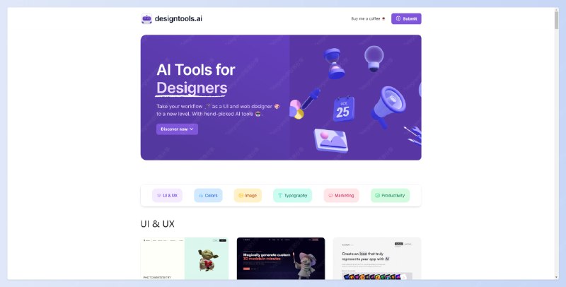 #AI #工具 #合集 #设计AI Tools for Designers - 一个专注收集设计师 AI 工具的网站📄网站包含 UI&UX/颜色/图像/排版/营销/生产力 6 个工具分类并且标注了这些 AI 工具收费情况其中不乏许多简单上手的 AI 工具，非设计师也可以快速上手！📢关注频道：@geekshare 💬加入群聊：@igeekshare📮欢迎投稿：@Geekshare_bot