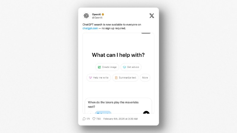 #ChatGPT⭐ OpenAI 宣布无需登录即可使用 ChatGPT 搜索功能拳打 Google ？
