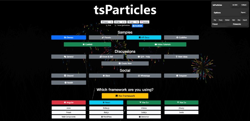 #开源 #前端🌐tsParticles - 一个开源的网页粒子特效前端库演示地址📄通过该项目，你可以创建高度可自定义的粒子动画，并将其用作网站的动画背景该库同时托管在 jsDelivr 和 cdnjs ，便于引用📮投稿    📢频道    💬群聊    🔎索引