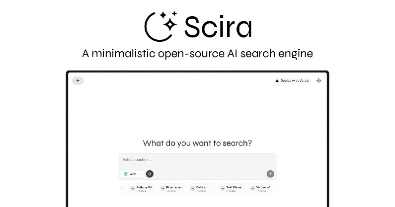 #AI #搜索引擎 #开源🔎 Scira - 是一个简约的 AI 搜索引擎 🌐 在线体验除了支持 AI 搜索，还有网页、网址搜索、天气查询、代码运行、地图定位、YouTube视频搜索、学术论文搜索、X.com帖子搜索、航班追踪、热门电影和电视剧查询等功能可选 Grok、Claude、DeepSeek 等大模型，支持 Vercel 部署📮投稿    📢频道    💬群聊    🔎索引
