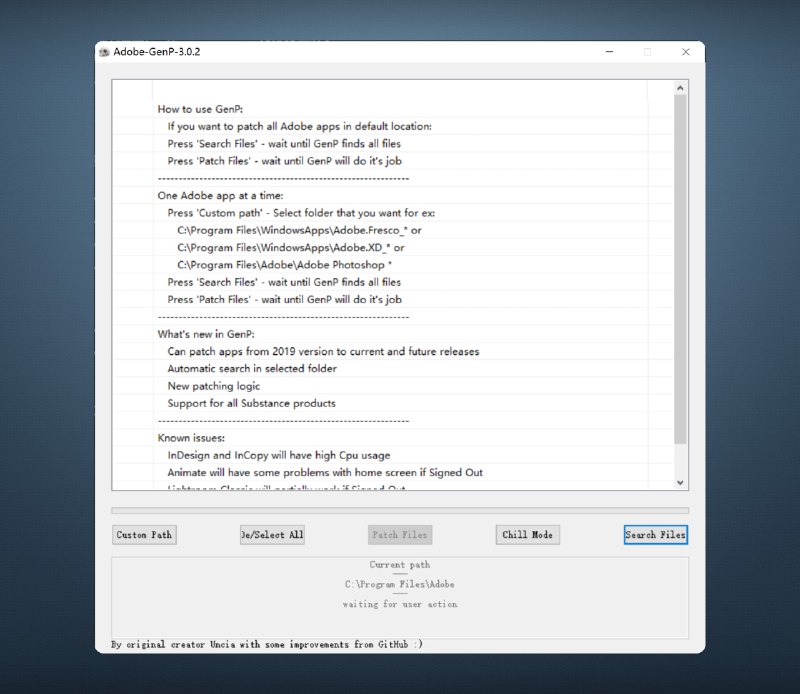 #Adobe #设计 #破解 #windows #工具☠️Adobe GenP - 一款 Adobe 全家桶破解工具⏬最新版下载📄GenP 是一款由国外团队针对同名软件所制作的通杀补丁，支持 Windows 平台的 Adobe 全家桶破解它的特点是教其他破解工具支持的新版本更多网络狂人的首页也有其他软件/游戏/安卓的破解版本，也是国内破解软件博客的上游厂商之一📖使用0️⃣如果安装程序不是默认路径则第一步点击「Custom Path」选择路径，否则跳过此步骤1️⃣点击「Search Files」会自动搜索本机已安装的 Adobe 产品2️⃣然后点击「Patch Files」就会破解你的正版程序📢关注频道：@geekshare 💬加入群聊：@igeekshare📮欢迎投稿：@Geekshare_bot