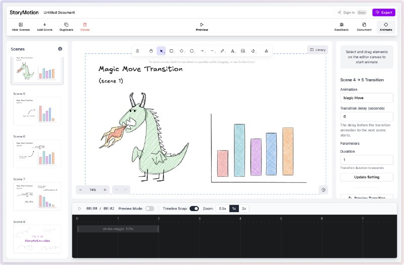 #在线工具 #制图工具🌅 StoryMotion -  一个在线的手绘动画制作工具storymotion 内嵌了 Excalidraw，并提供了幻灯片一样的功能