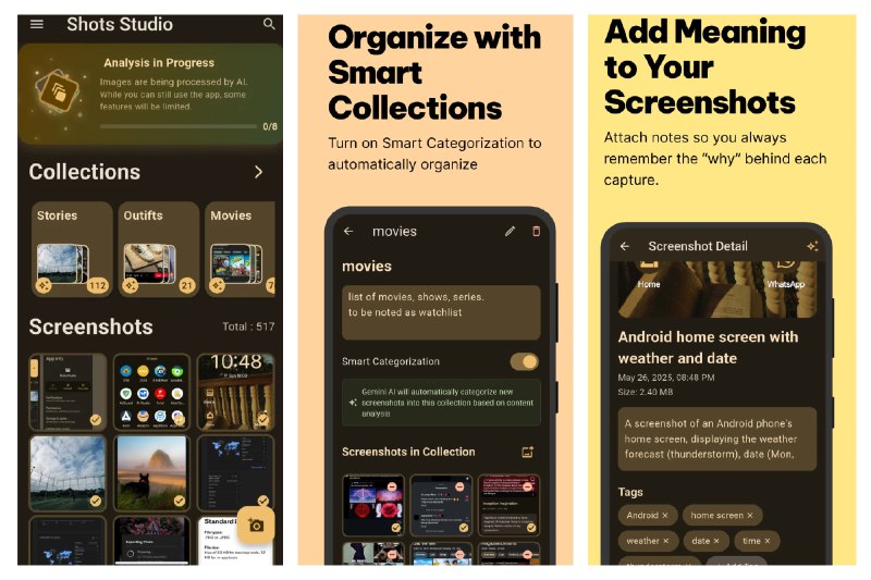 #开源 #Android #AI #APP✂️ Shots Studio - 一款开源的 AI 截图管理 APPAPP 通过 AI 实现自动分类截图，支持搜索截图内容、自动添加或者生成标签等功能APP 的设计灵感来自只能在 Pixel 设备运行的 APP「Pixel Screenshots」