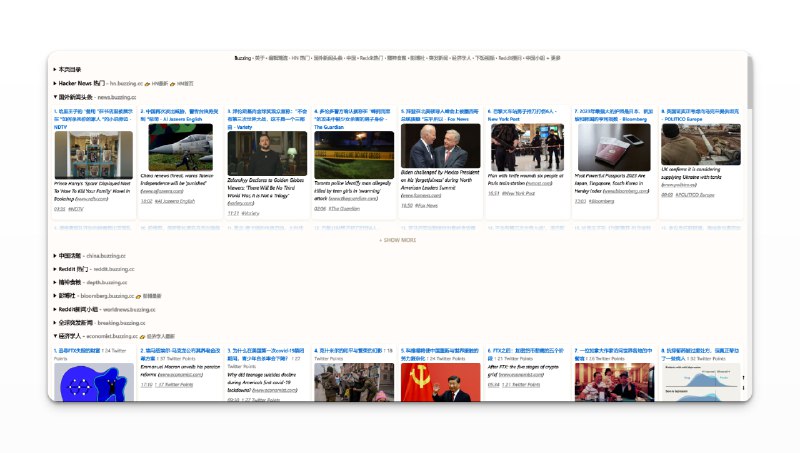 #网站 #阅读🆕Buzzing - 一个聚合了国外各大社交媒体热榜的网站📃和以前介绍过得不同的是，这个网站翻译了这些新闻的标题，支持简中、繁中、英语、日语你可以用中文浏览国外社交媒体里的热门讨论母语快速导读， 感兴趣再进原文深度阅读网站包含了37个版块，其中包含有网站自身聚合的信息，如「中国话题」随意点开一个区块，然后点击「SHOW MORE」，可以看到支持无图模式阅读，并且还支持FEED对比之前推荐的英文热榜类网站，这个网站就对英语不太好的人比较友好了📚相关阅读🆕realtime - 一个实时信息流阅读网站🆕Upstract（摘要） - 一个聚合了全球各大网站热榜的网站📢关注频道：@geekshare 💬加入群聊：@igeekshare📮欢迎投稿：@Geekshare_bot